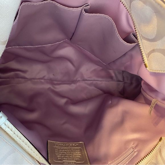 Gold Coach signature jacquard handbag purse with leather trim and double straps. - Picture 6 of 9